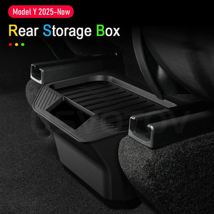 Custom-Fit Rear Center Console Storage Box for Tesla Model Y Juniper 2025–2026+ – TPE Backseat Organizer Bin, Hidden Storage Tray, Trash Holder & Interior Organization Accessory