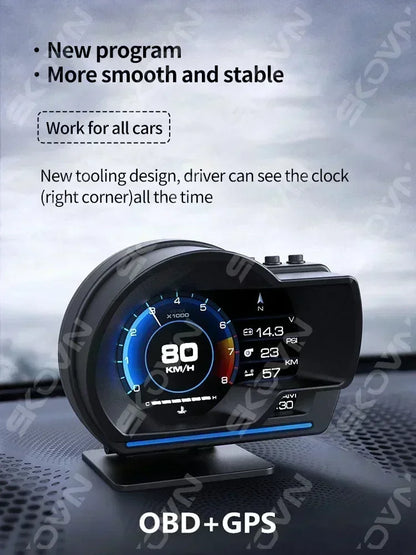 Dual Screen Car Head Up Display OBD2 GPS Auto Display Smart Car HUD On-Board Computer Gauge Security Alarm Water&Oil Temp. RPM