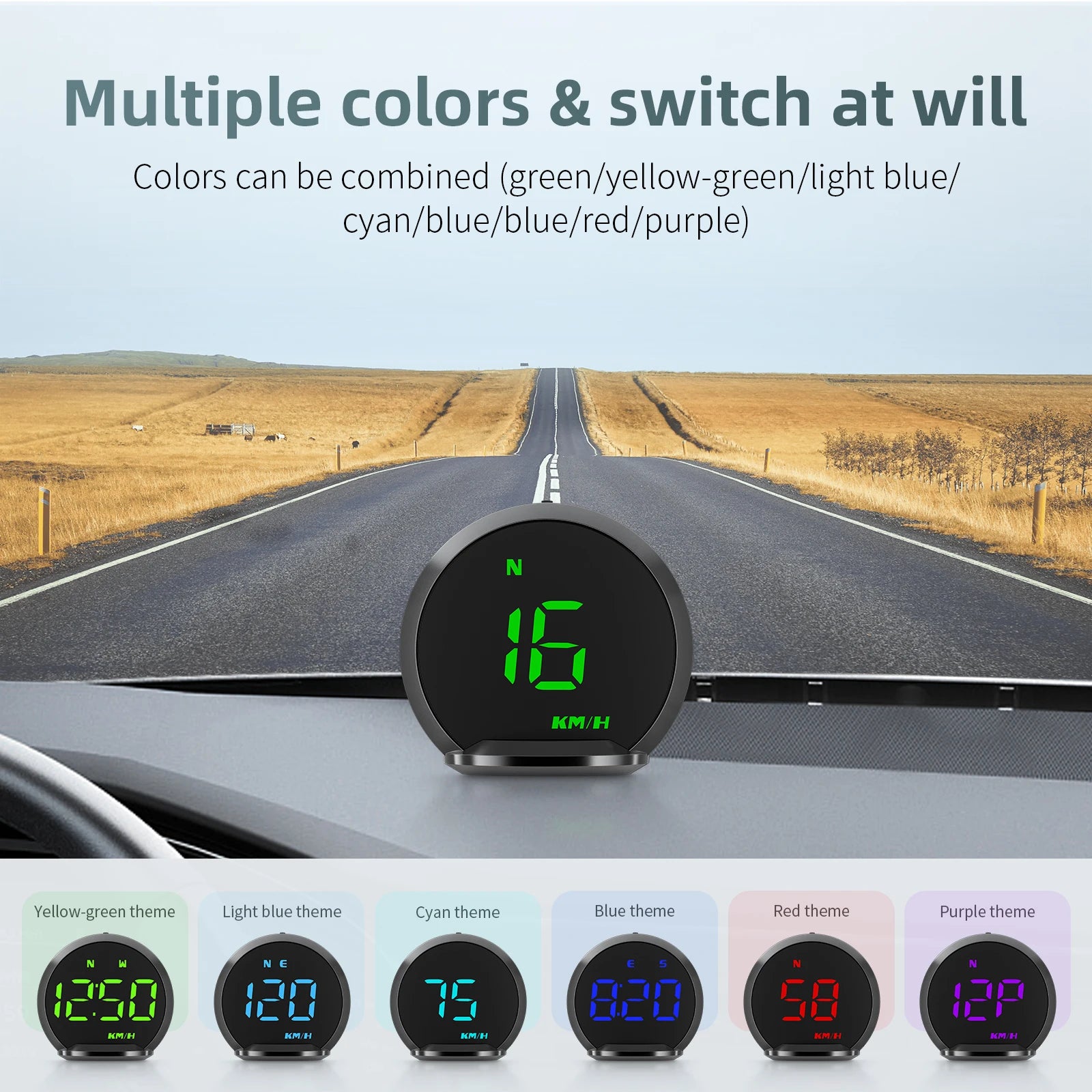 Geyiren G13 HUD, A digital speedometer head up display for cars with features like over speed alarm, km/h clock, and odometer.