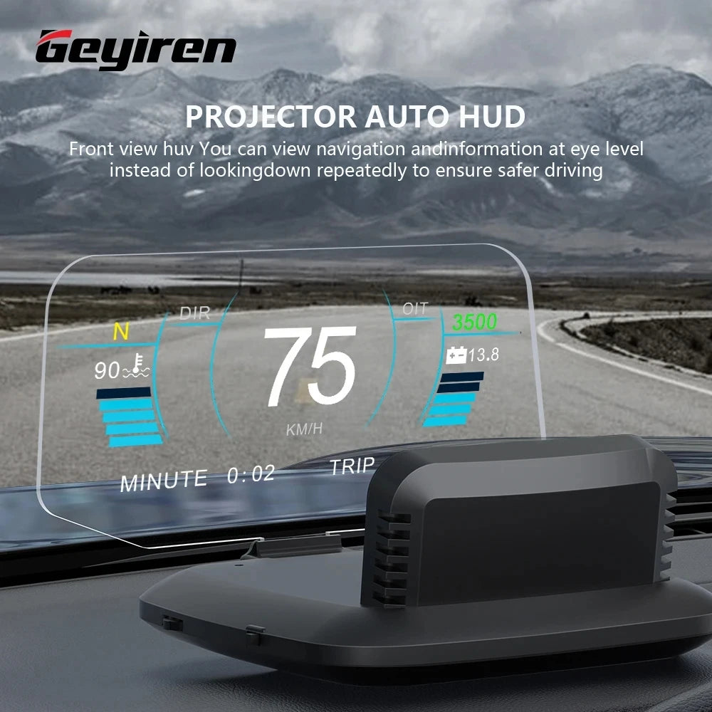 GEYIREN C1 OBD2 HUD, GEYIREN OBD2 HUD Car Head Up Display for safer driving with navigation info at eye level.