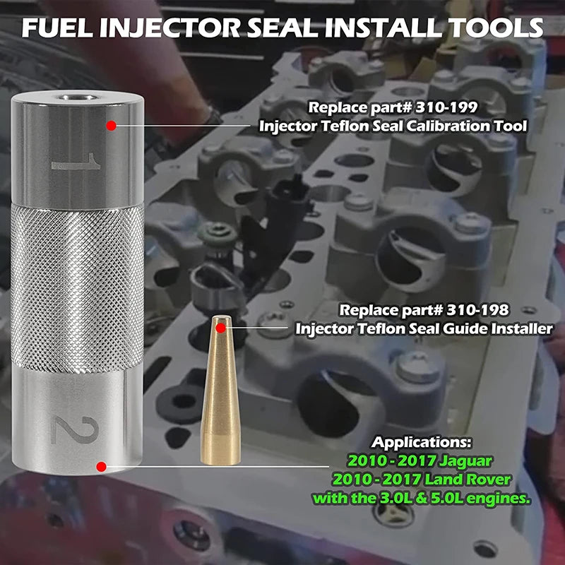 Replace fuel injector seal install tools for Jaguar/Land Rover with 3.0L or 5.0L engines from 2010 to 2017.