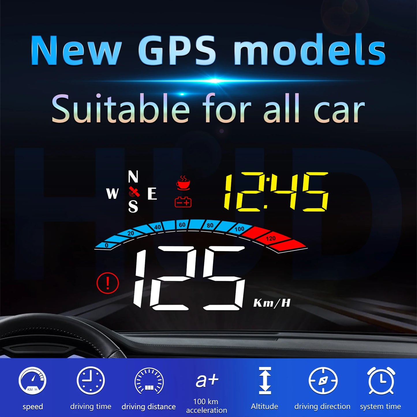 M16 HUD Head Up Display With GPS Digital Windshield Speed Compass Voltage KM/h MPH Over Speed Fatigue driving Alarm for All Cars