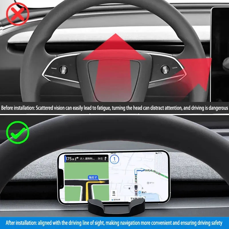 Silicone Dashboard Phone Mount for Tesla Model 3 & Model Y (2017–2025) | Non-Destructive Horizontal Phone Holder with Multi-Hook Design