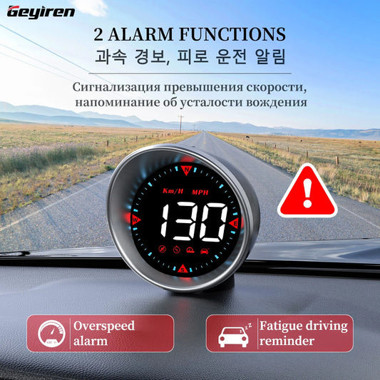 Geyiren G5 HUD, A car speedometer gauge with security alarm features, including overspeed and fatigue reminders, displaying speed in km/h or mph.