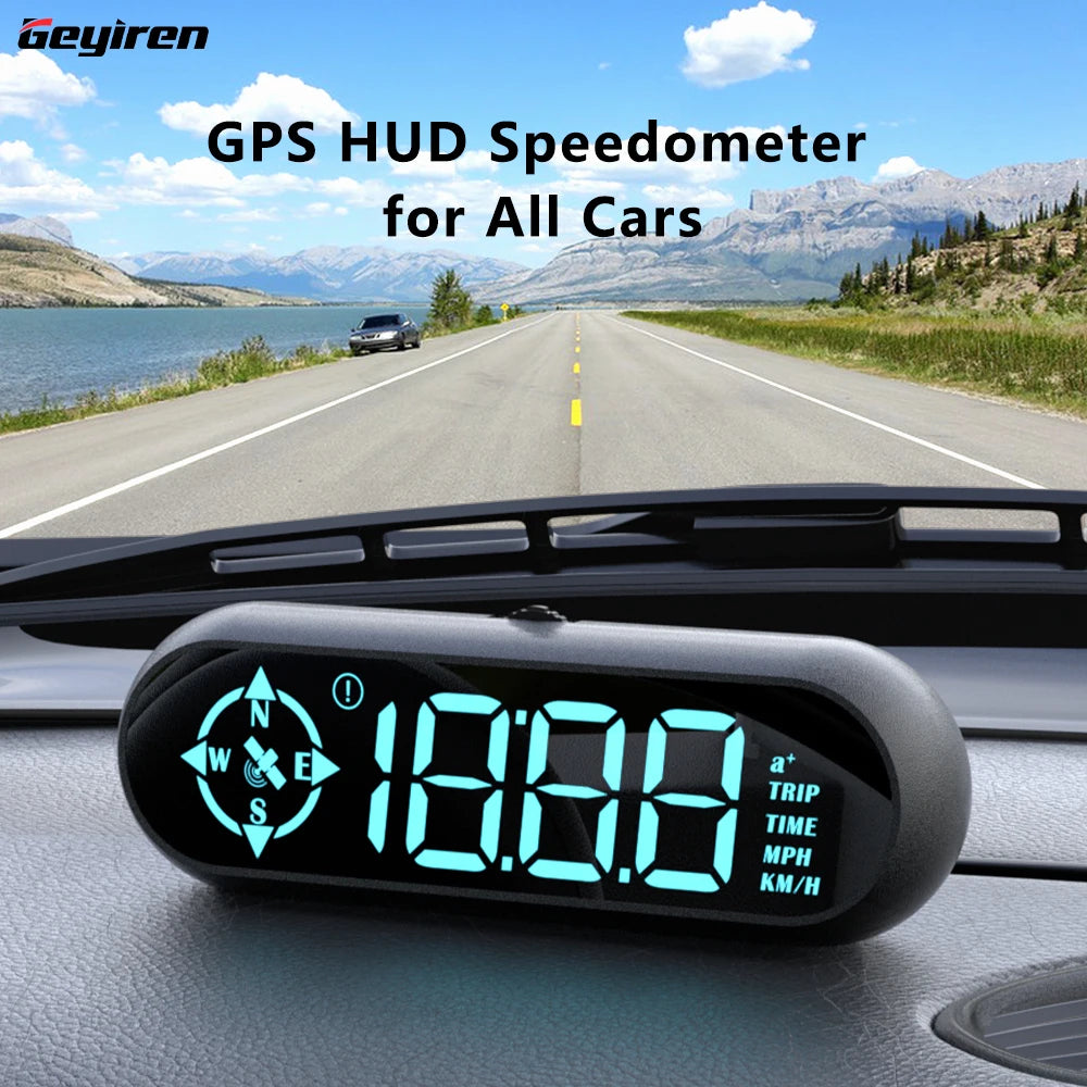 Geyiren G9 GPS HUD, Geyiren G9 GPS Head-Up Display (HUD) with auto digital speedometer, over-speed alarm, clock, compass, and odometer for all cars, displaying trip data in mph or km/h.