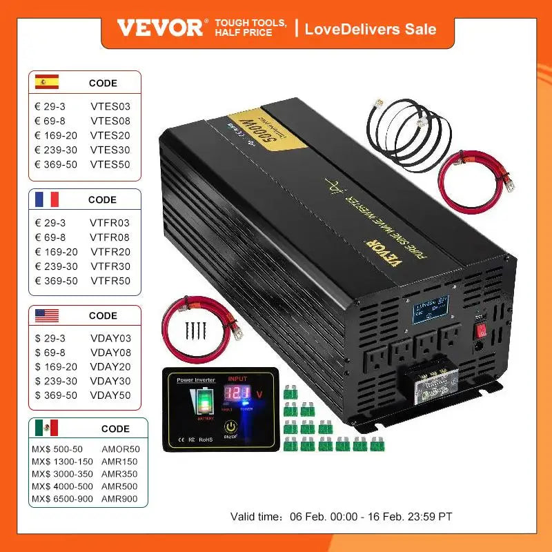 VEVOR Pure Sine Wave Power Inverter 12V DC to 120V AC Aluminum Alloy LCD Screen & LED Indicators for Powering Laptop Fan Grinder