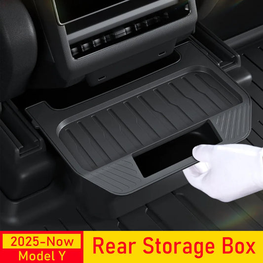 Custom-Fit Rear Center Console Storage Box for Tesla Model Y Juniper 2025–2026+ – TPE Backseat Organizer Bin, Hidden Storage Tray, Trash Holder & Interior Organization Accessory