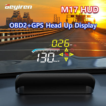 Geyiren M17 HUD, A car head-up display projecting speed, RPM, and water temp data on your windshield with OBD2 connection and alert features.