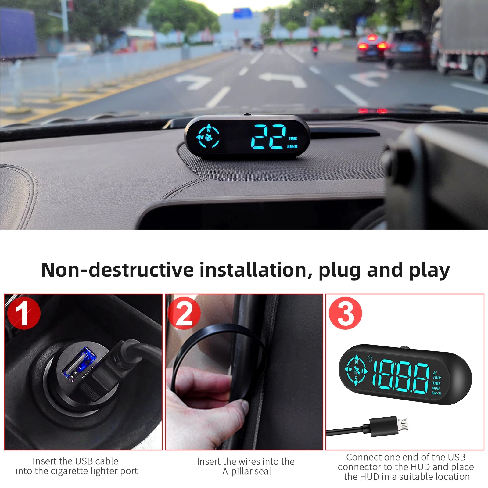 Geyiren G9 GPS HUD, Insert USB cable, plug into cigarette lighter, place HUD, enjoy features like speedometer and compass.