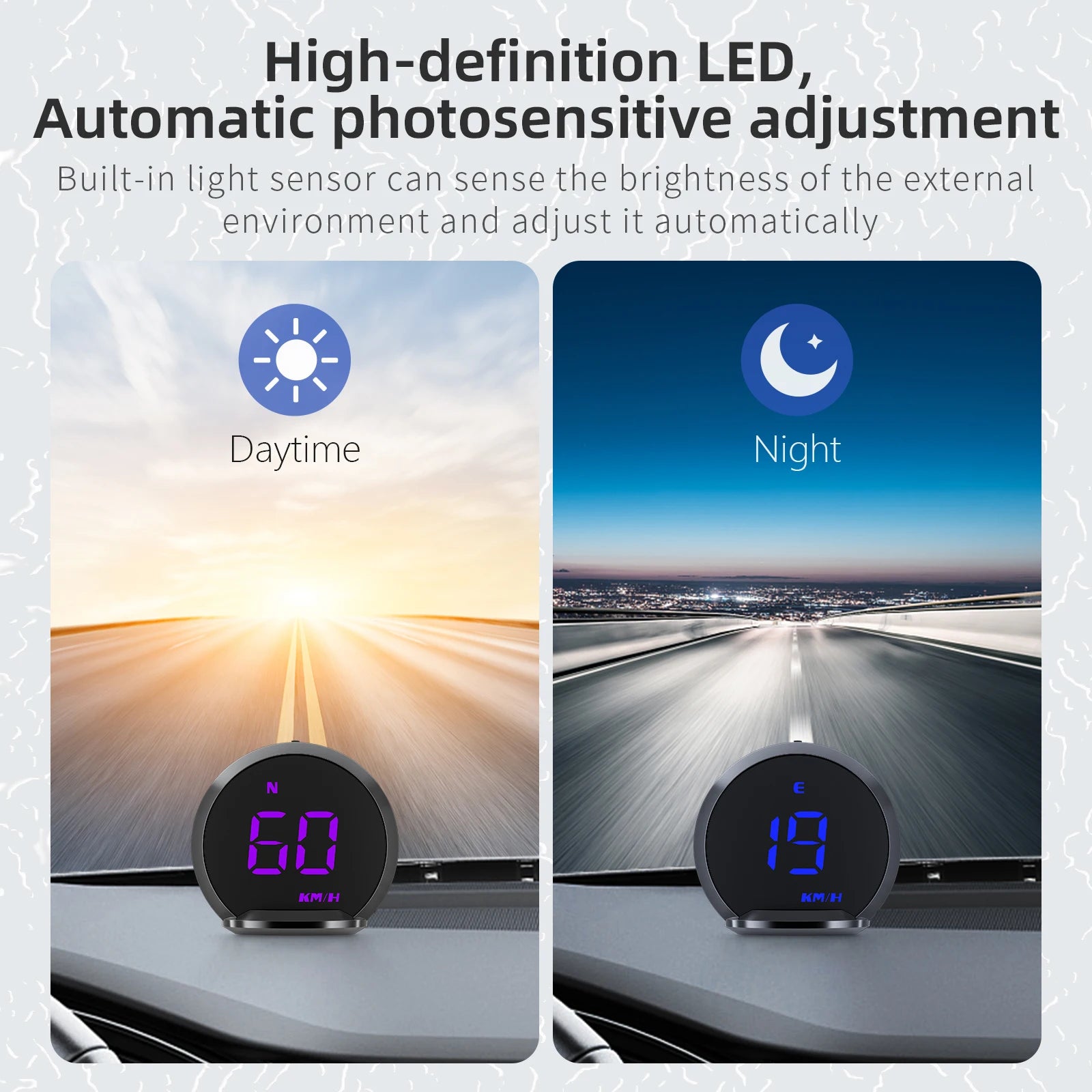 Geyiren G13 HUD, A high-definition LED display car projector with auto brightness adjustment and built-in light sensor for daytime or nighttime use.