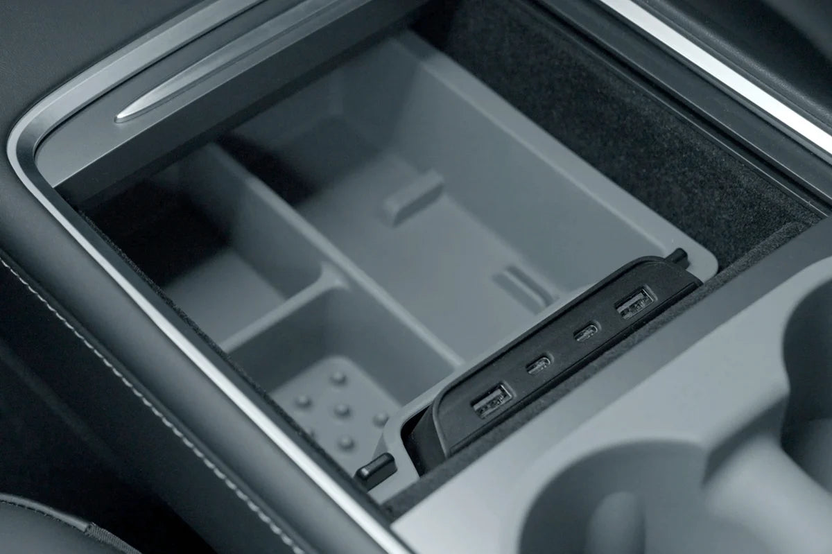 Center Console Tray Organizer for Tesla Model 3 & Model Y (2021–2023 Refresh Console) – Gray Sliding Storage Insert with USB-C Access