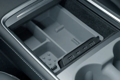 Center Console Tray Organizer for Tesla Model 3 & Model Y (2021–2023 Refresh Console) – Gray Sliding Storage Insert with USB-C Access