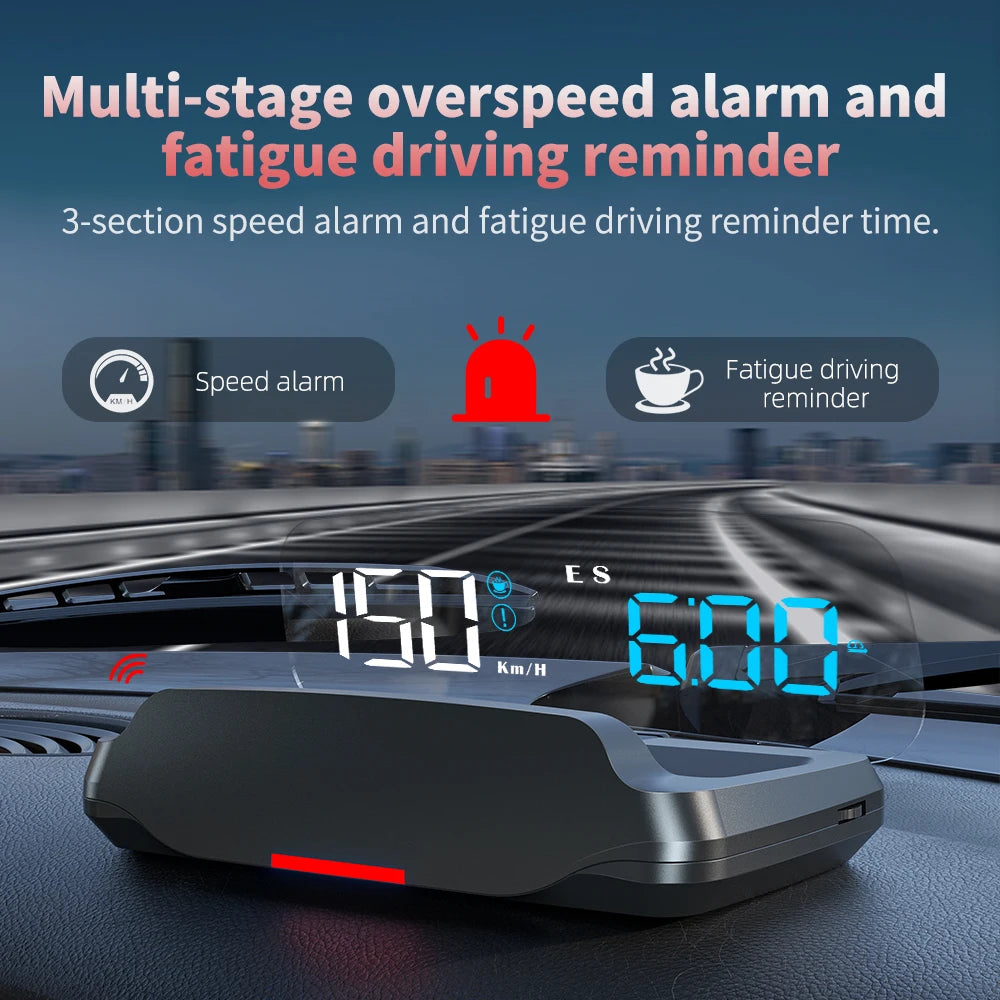 Geyiren C7 HUD, Digital speedometer with overspeed alarm, fatigue driving reminder, and 3-section speed alarm for all cars.