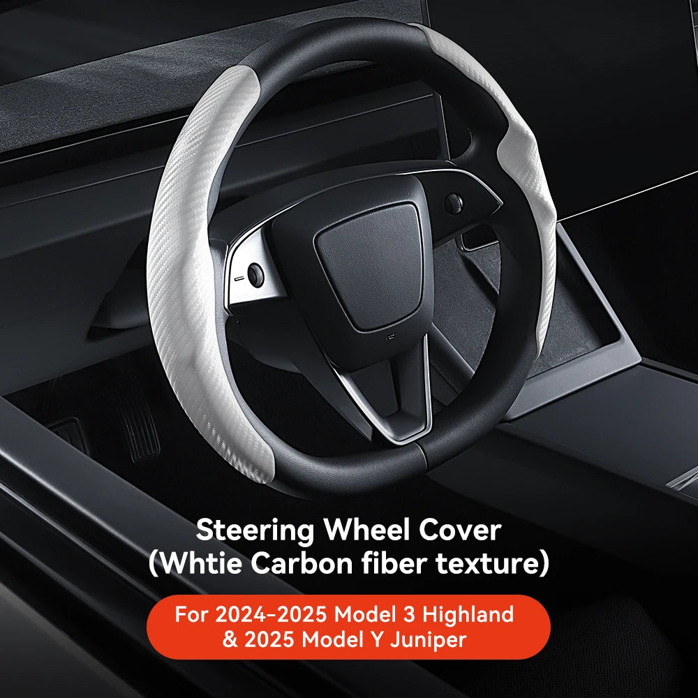 Carbon Fiber Leather Steering Wheel Cover for Tesla Model 3 Highland (2024+) & Model Y Juniper (2025+) – Anti-Slip Sport Grip, Interior Upgrade Accessory