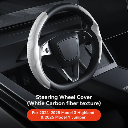 Carbon Fiber Leather Steering Wheel Cover for Tesla Model 3 Highland (2024+) & Model Y Juniper (2025+) – Anti-Slip Sport Grip, Interior Upgrade Accessory