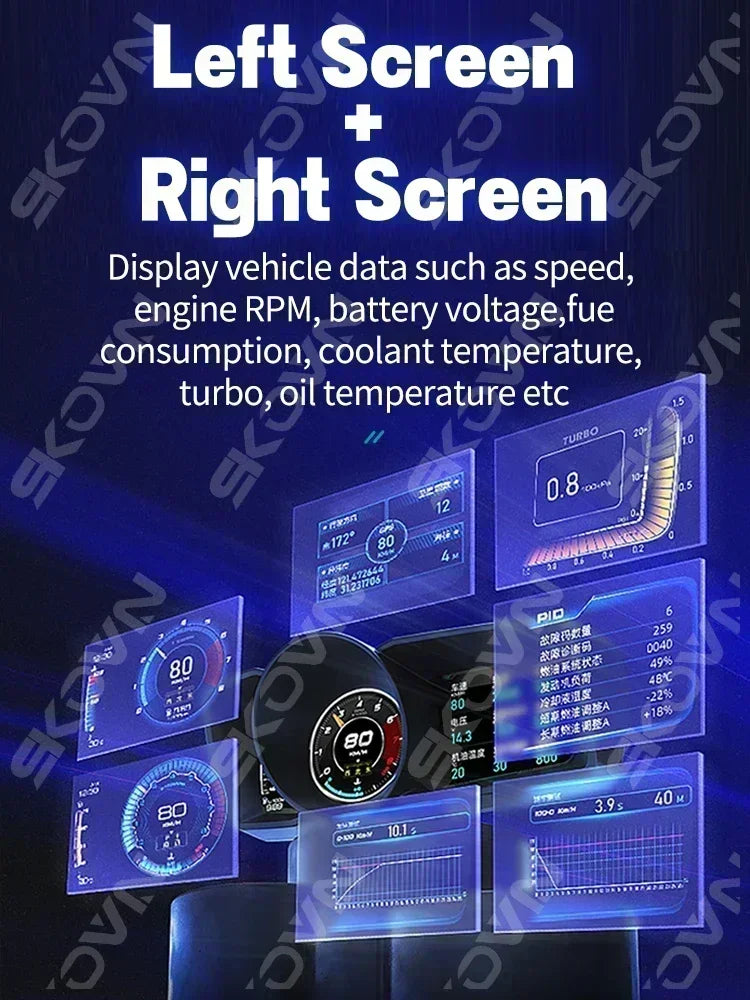 Dual Screen Car Head Up Display OBD2 GPS Auto Display Smart Car HUD On-Board Computer Gauge Security Alarm Water&Oil Temp. RPM