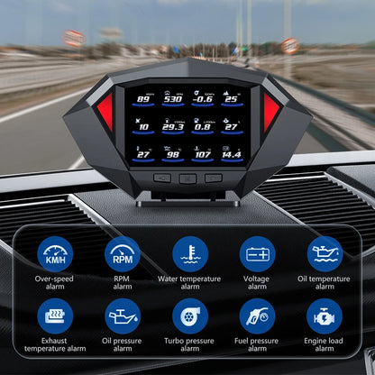 The Geyiren P1 HUD Car GPS OBD2 Head Up Display shows a digital speedometer and various gauges for car performance monitoring.