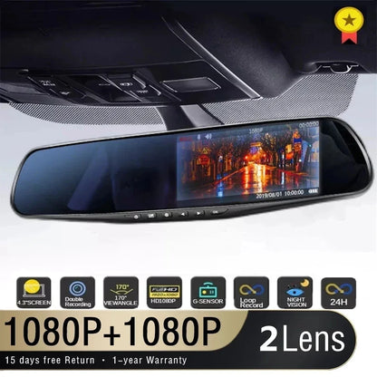 4.3 Inch Driving Recorder Car DVR Rearview Mirror Dual Lens Car Recorder 1080P IPS Front and Rear Camera Registrar Black Box New