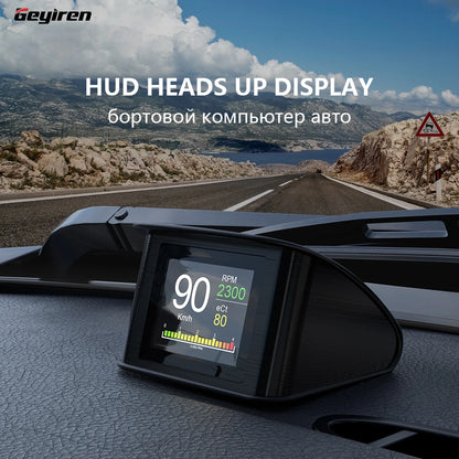 GEYIREN P10 HUD, A car display head-up display shows speed, mileage, water temperature, turbo pressure, and other data for OBD2 cars.