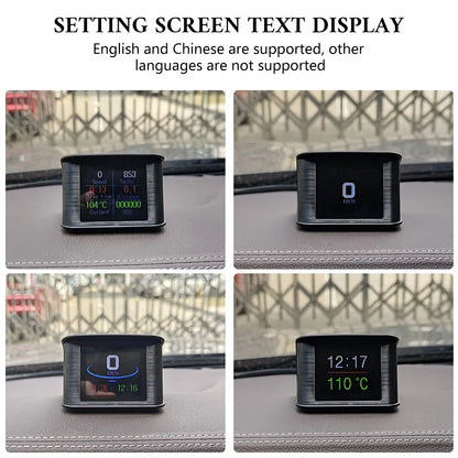 GEYIREN P10 HUD, A car display head-up display with various gauges and settings screen.