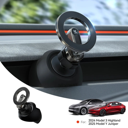 Adjustable Magnetic Phone Mount for Tesla Model 3 & Model Y (Highland 2024+ / Juniper 2025+) – Strong Magnet Metal Car Phone Holder with Anti-Slip Silicone Base, No Charging