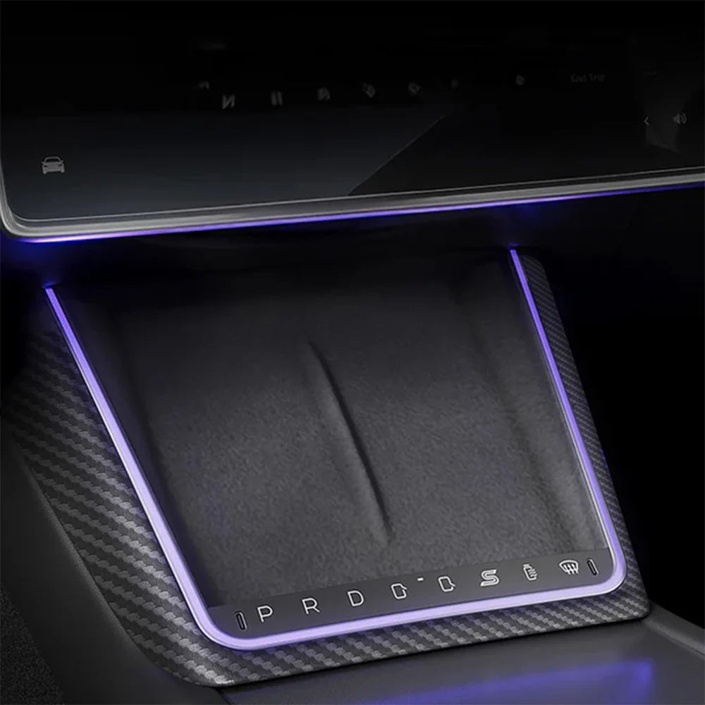 Smart Center Console Button Panel for 2025.03+ Tesla Model Y Juniper – Model X-Inspired Gear Selector Upgrade with LED Ambient Lighting, Physical Shortcut Controls for Drive/Reverse/Park, Door Access, Climate & Performance Functions