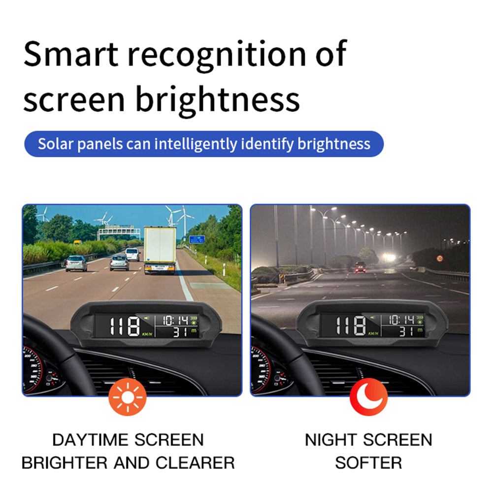 Solar Digital Car HUD, A car head-up display shows auto speedometer, temperature, and a reminder for fatigued driving when the driver is over-speeding.