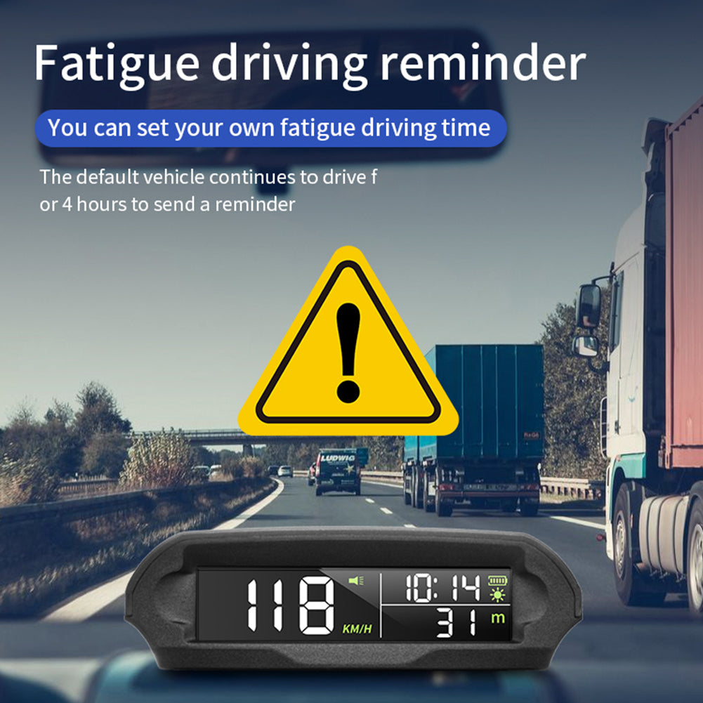 Solar Digital Car HUD, Fatigue driving reminder with customizable time.