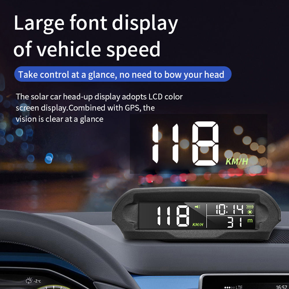 Solar Digital Car HUD, Large font vehicle speed display for easy viewing, combining LCD color screen with GPS for clear navigation.