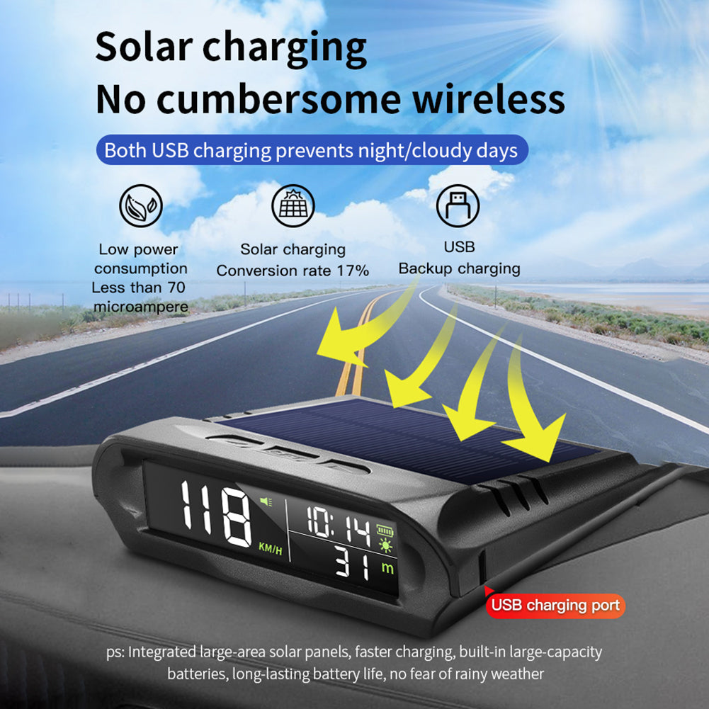 Solar Digital Car HUD, Solar Car HUD Product charges with USB or solar power, low power consumption and backup charging available.