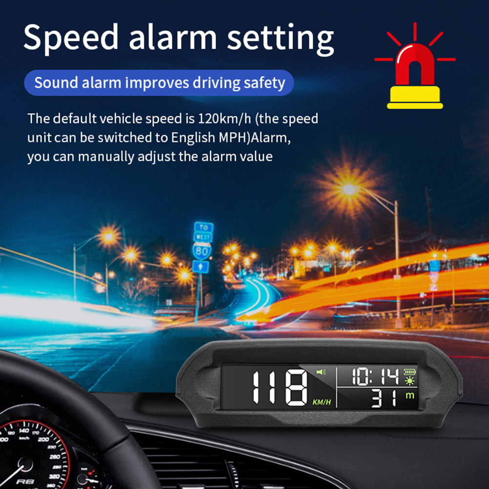 Solar Digital Car HUD, The Speed Alarm Setting improves driving safety by sounding an alarm at a manually adjustable default vehicle speed of 120km/h.