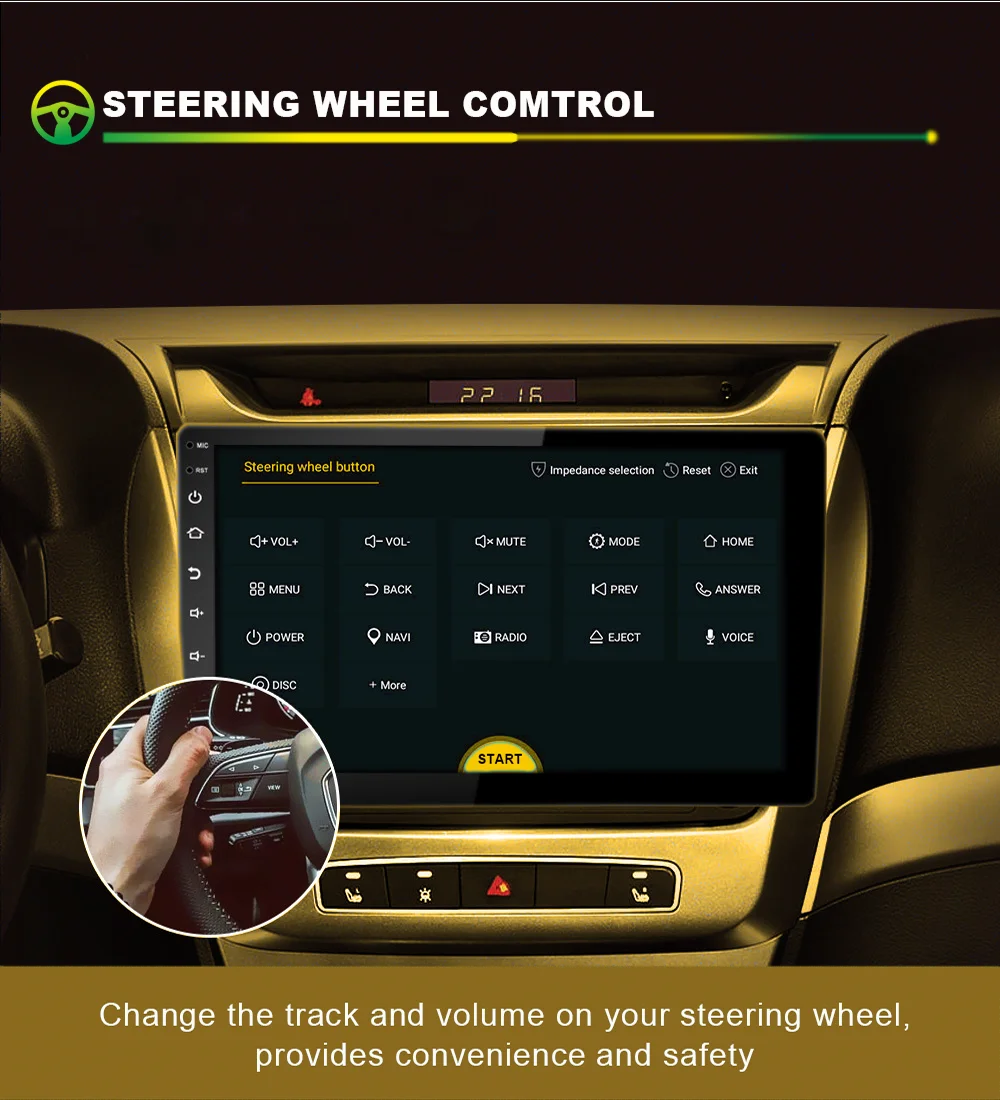 Steering wheel control with buttons for navigation and media playback.