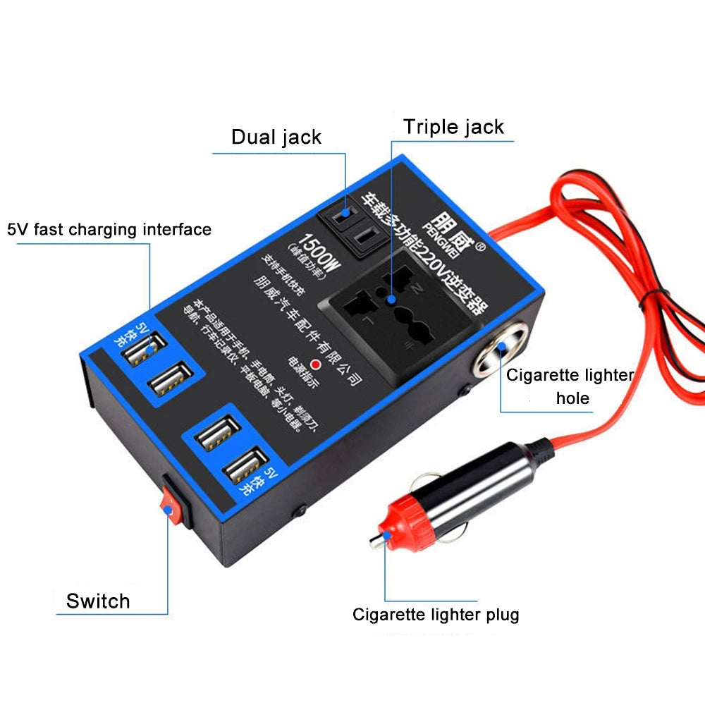 TIMOTRAS Car Mounted Inverter, A car-mounted inverter that converts 12V/24V to 220V for charging phones and devices via USB.