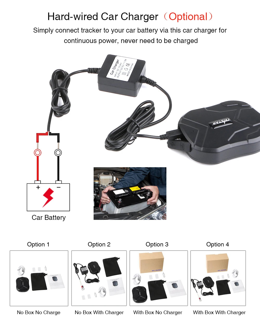 TKSTAR TK905 GPS Tracker has an optional car charger for continuous powering without recharging.