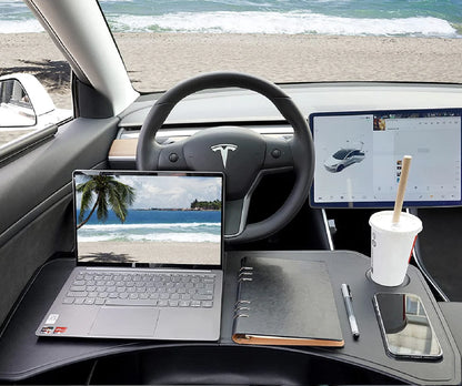 Foldable Table Tray for Tesla Model 3 & Model Y | Portable Car Desk for Lunch & Work | Carbon Fiber Finish | Supports Up to 33 lbs