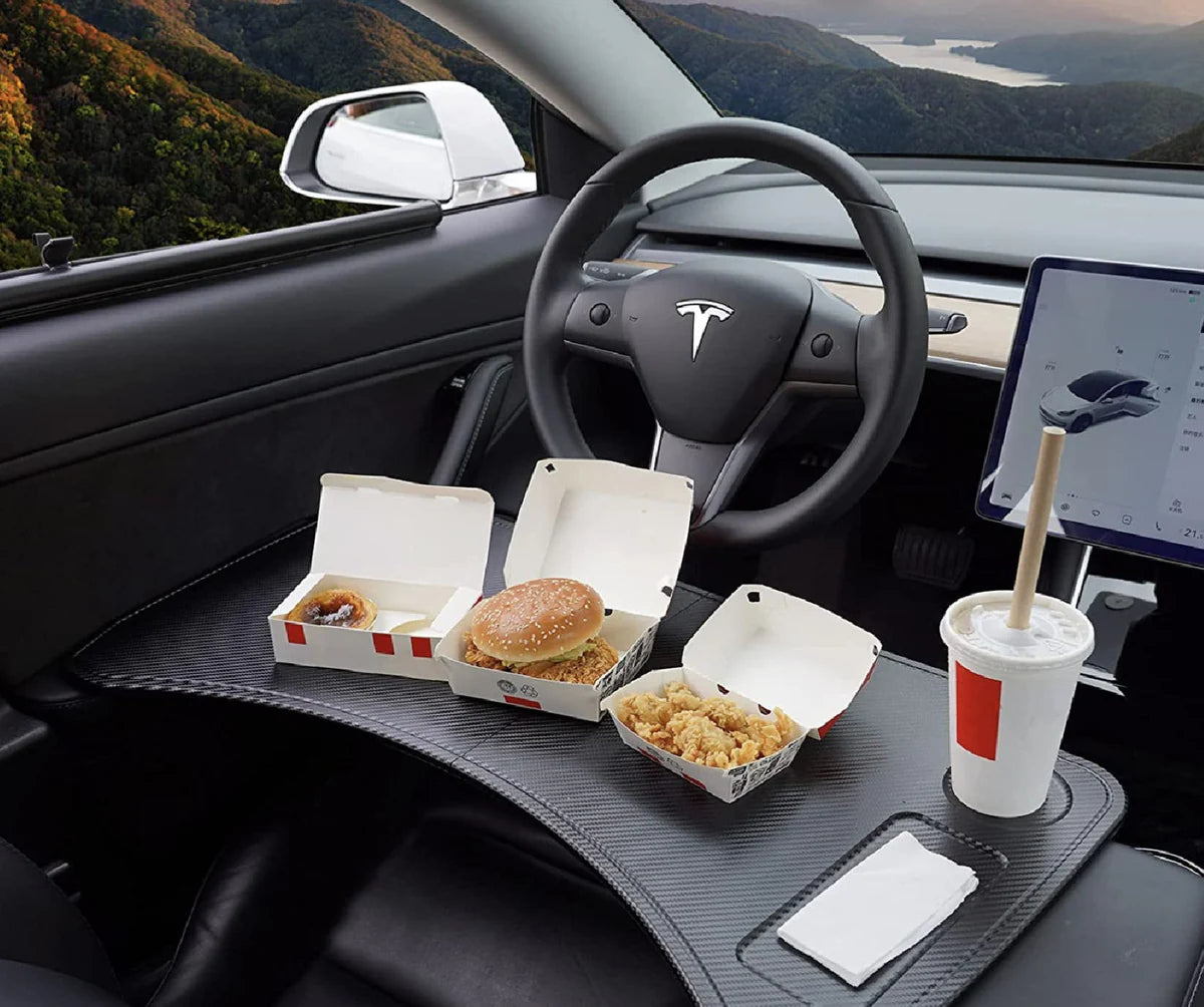 Foldable Table Tray for Tesla Model 3 & Model Y | Portable Car Desk for Lunch & Work | Carbon Fiber Finish | Supports Up to 33 lbs