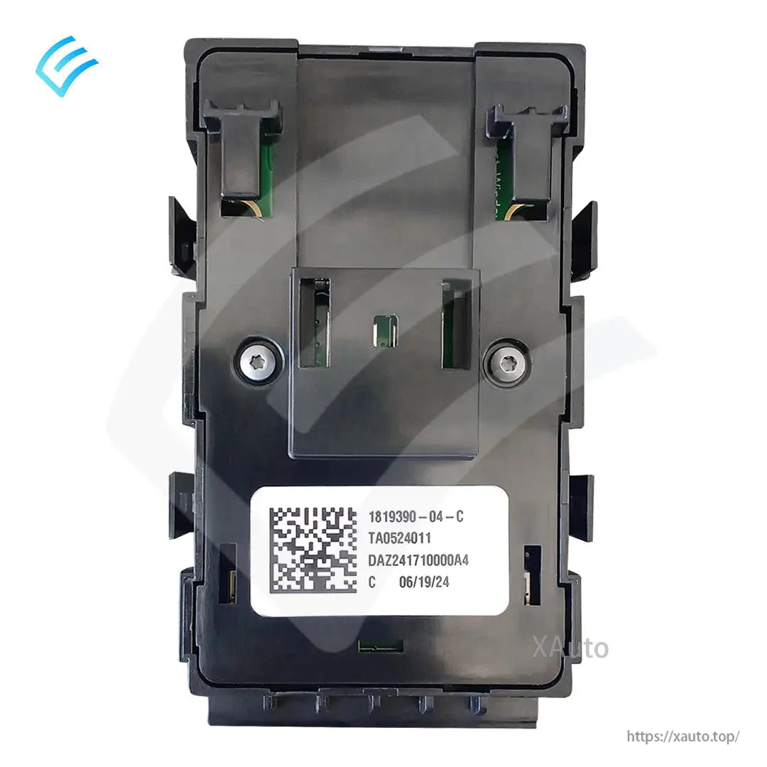 Rear view of Tesla Cybertruck driver window switch with OEM label and part number 1819390-04-C
