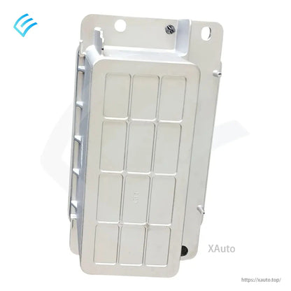 Rear mounting plate view of Tesla low-voltage battery module showing bracket holes and casing panel