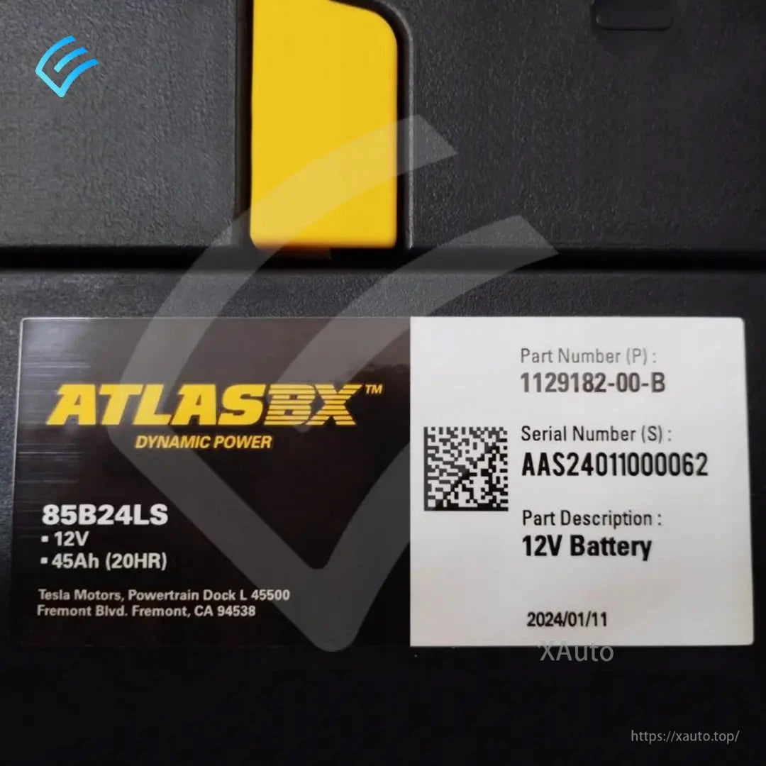 Close-up of AtlasBX label with part number 1129182-00-B and 12V battery description
