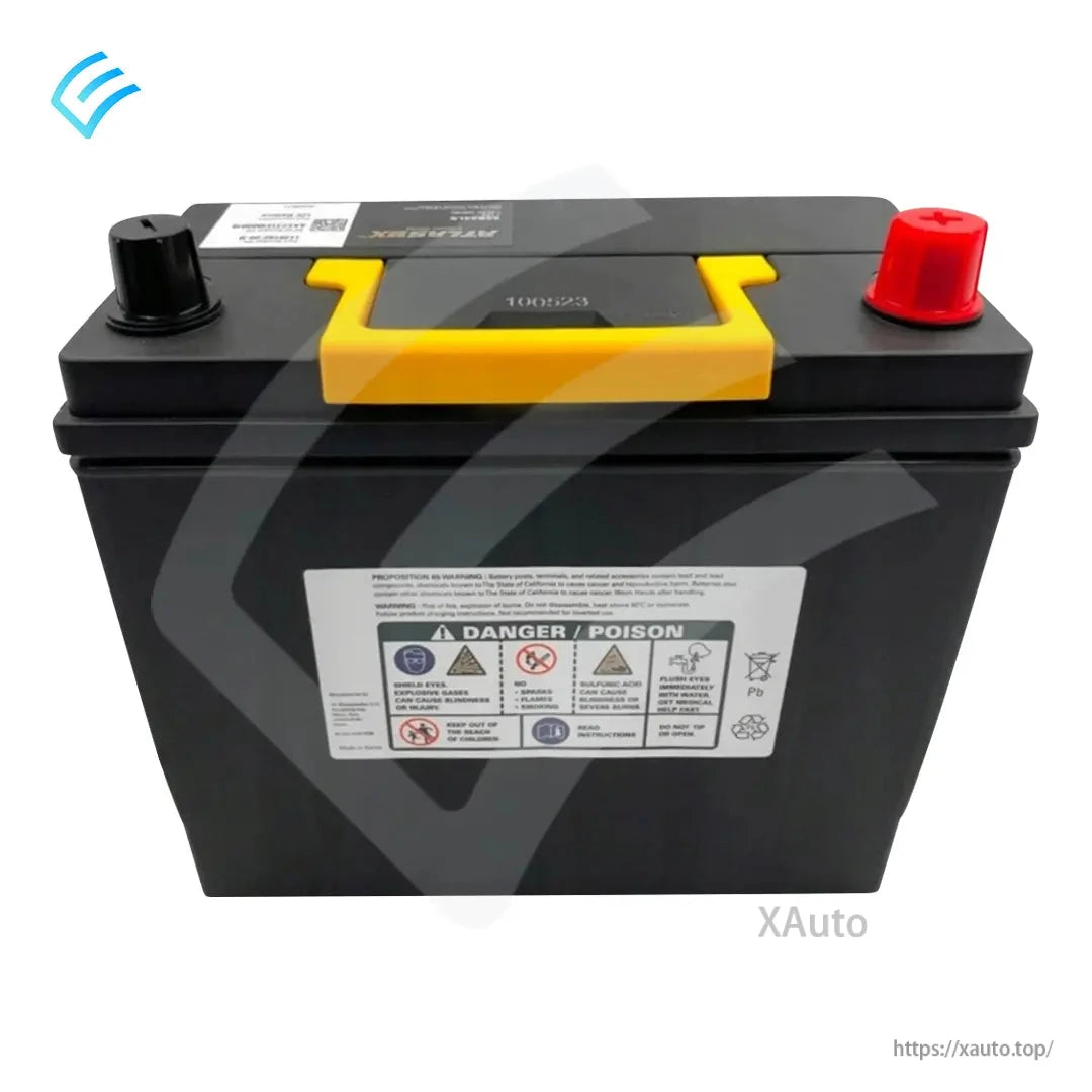 Front view of battery case with yellow handle and safety warning label panel