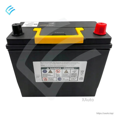 Front view of battery case with yellow handle and safety warning label panel