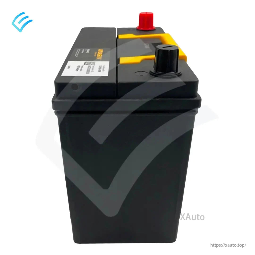 Angled view of Tesla 12V battery showing red positive and black negative terminal posts