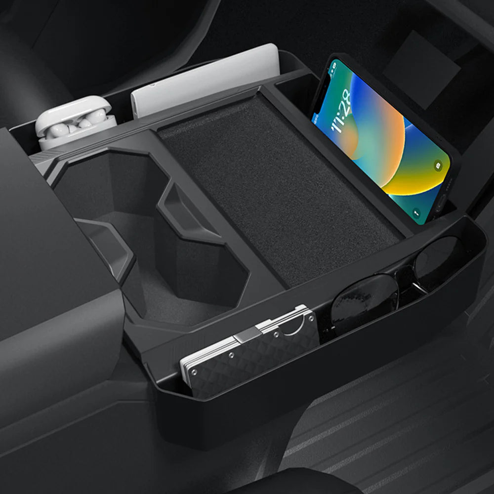 2024+ Tesla Cybertruck Center Console Side Storage Organizer with Upgraded Side Pockets – Custom Interior Console Tray for Phone, Sunglasses, Cards, AirPods & Daily Essentials