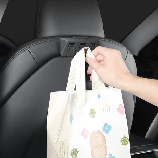 Tesla Model 3 Highland Rear Seat Headrest Hanger Hooks (2024+) & Tesla Model Y Juniper Seat Back Storage Hooks (2025.03+) – Foldable Heavy-Duty ABS Bag Holder Organizer for Handbags, Grocery Bags, Backpacks & Coats
