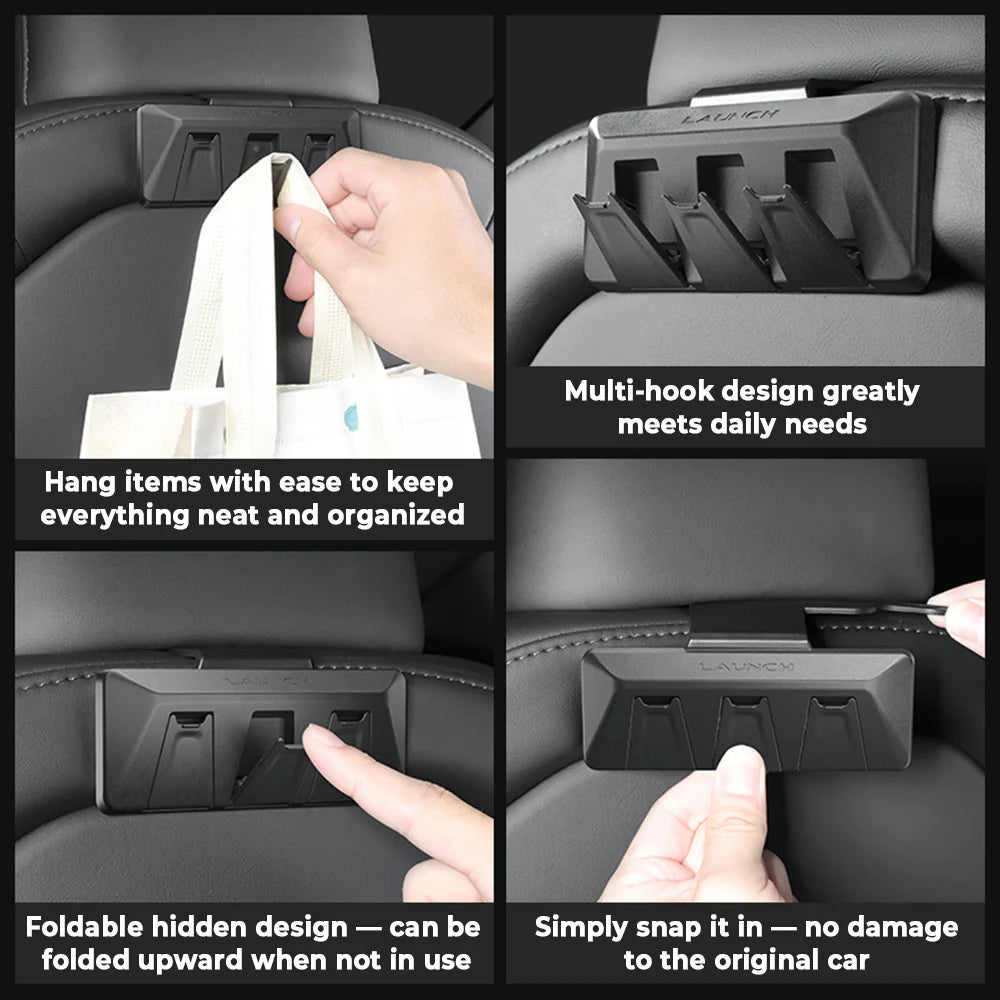 Tesla Model 3 Highland Rear Seat Headrest Hanger Hooks (2024+) & Tesla Model Y Juniper Seat Back Storage Hooks (2025.03+) – Foldable Heavy-Duty ABS Bag Holder Organizer for Handbags, Grocery Bags, Backpacks & Coats