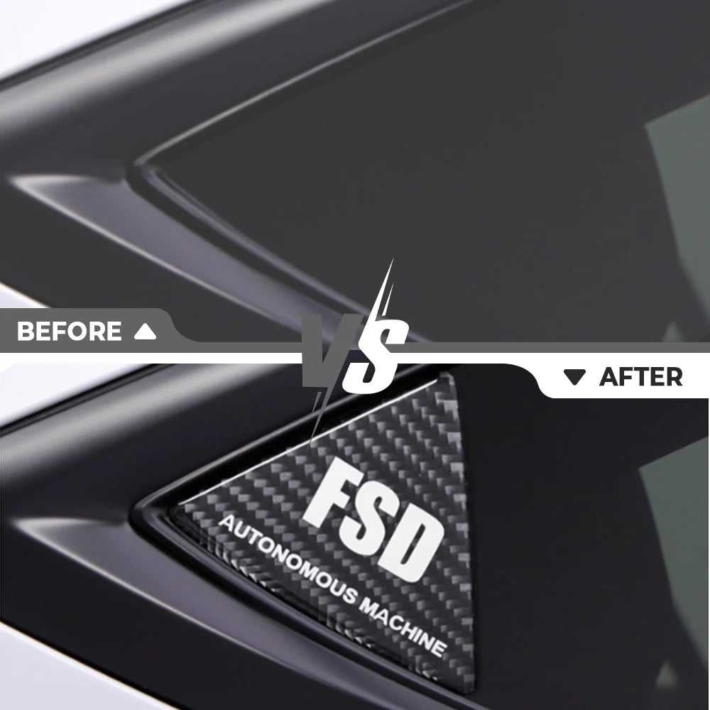 Real Carbon Fiber Rear Quarter Window Trim for Tesla Model 3 & Model Y (2017–2026+) | Compatible with Model 3 Highland & Model Y Juniper | Gloss Black/Red/White Performance Side Window Accent Covers with FSD-Inspired Detail