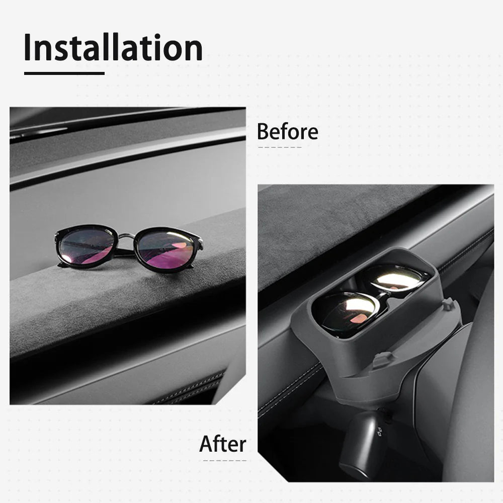 2025+ Tesla Model Y Juniper Steering Wheel Sunglasses & Phone Holder Organizer Tray | Hidden Cockpit Storage Box with Anti-Slip Mobile Mount for Tesla Model Y Standard / Long Range / Performance / Y L