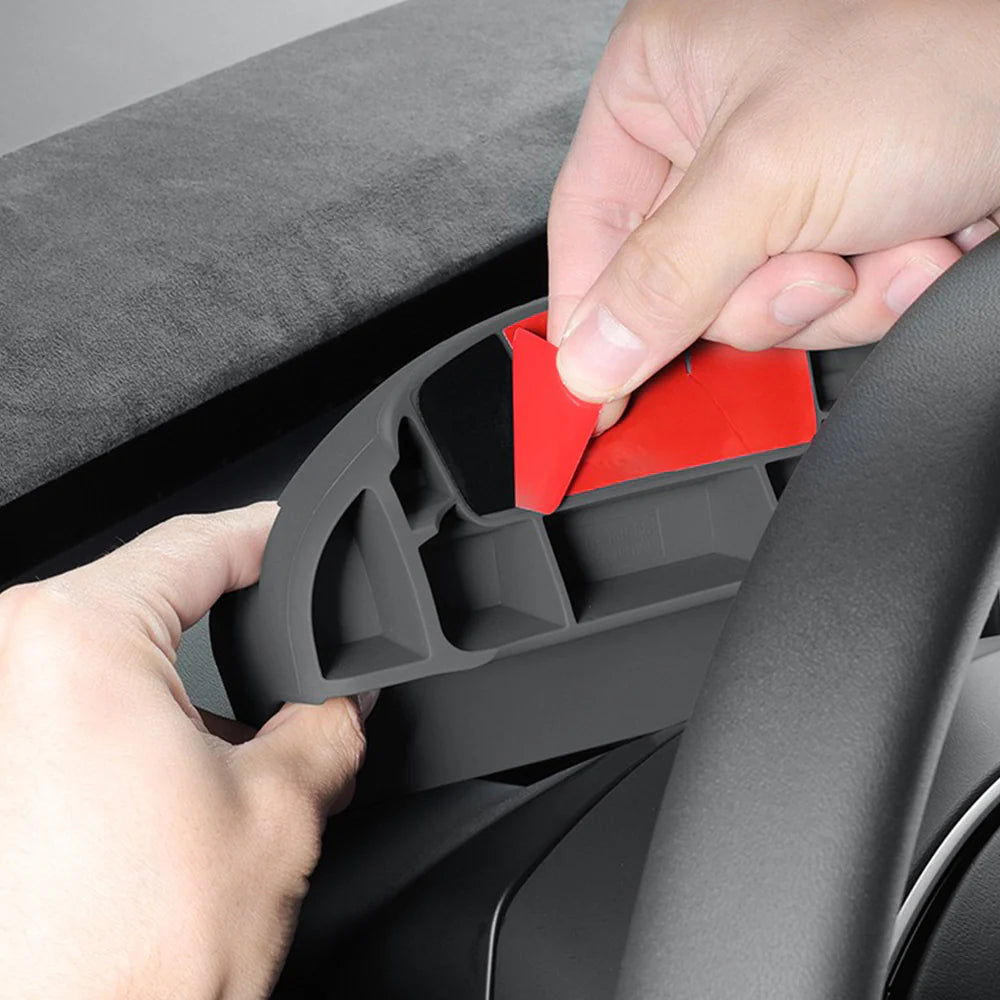 2025+ Tesla Model Y Juniper Steering Wheel Sunglasses & Phone Holder Organizer Tray | Hidden Cockpit Storage Box with Anti-Slip Mobile Mount for Tesla Model Y Standard / Long Range / Performance / Y L