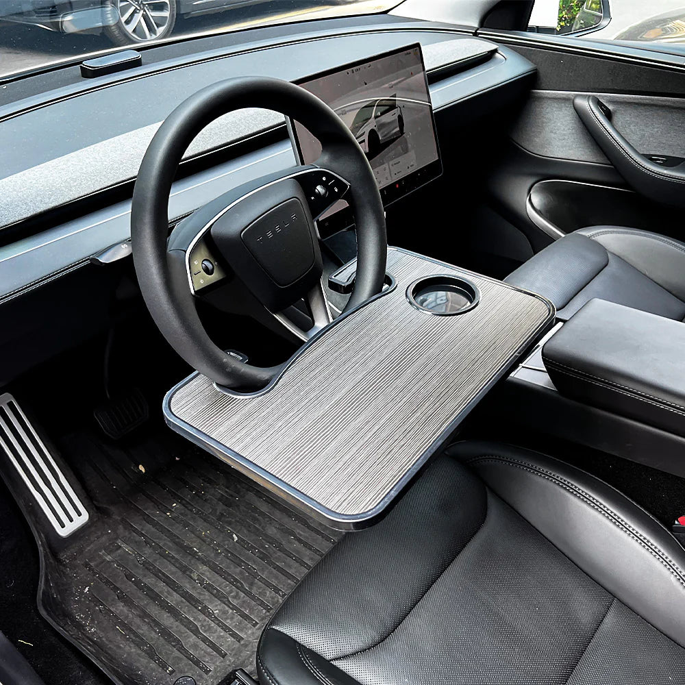 Tesla Steering Wheel Tray Desk for Model S / Model 3 / Model X / Model Y (2018–2026) – Portable Car Laptop Table, Food Tray with Cup Holder, Dual-Sided Work & Dining Board (Not for Yoke Steering Wheel)