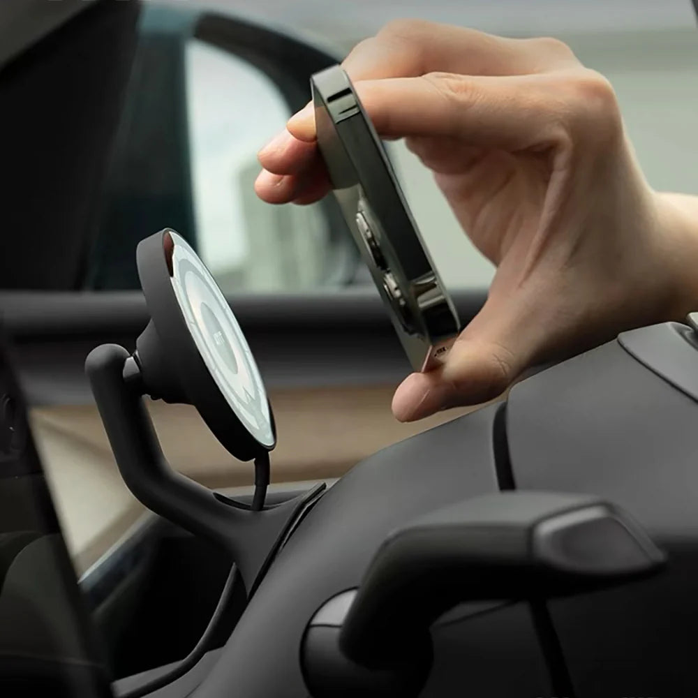 Tesla Model 3 / Model Y / Highland / Juniper / Cybertruck Wireless Charging Phone Mount with OBD-II Power Supply – 15W MagSafe Magnetic Car Holder for Steering Wheel Column Installation